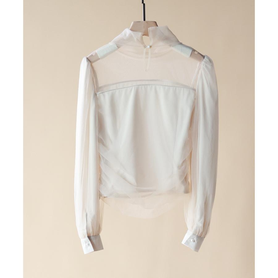 チュール トップス レディース プチハイネック 立ち襟 クロップド丈 ショート丈 ブラウス シースルー シアー 長袖 春 レトロ きれいめ 大人 セク |  | 03