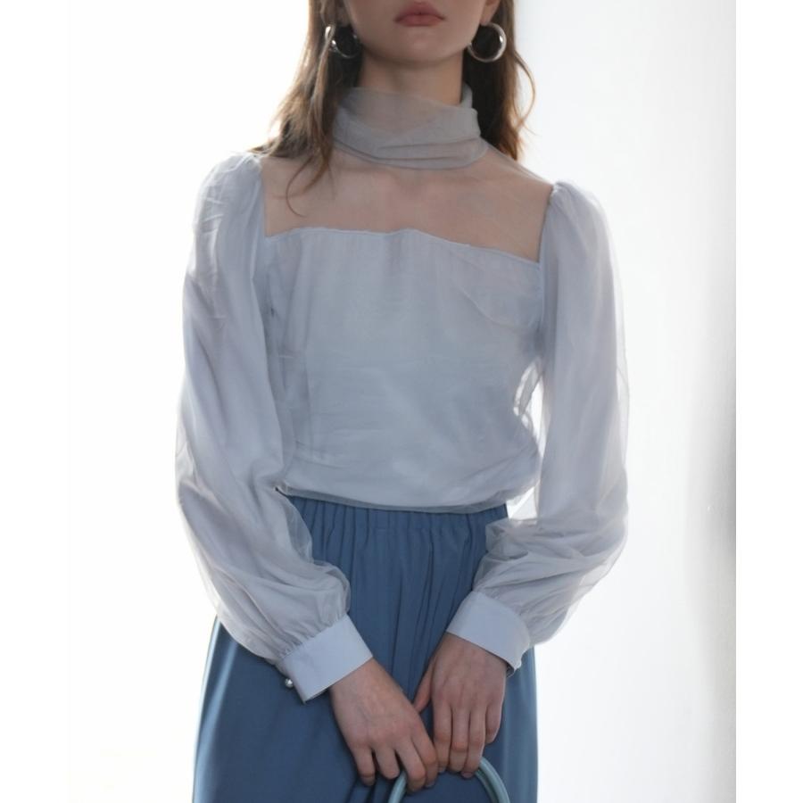 チュール トップス レディース プチハイネック 立ち襟 クロップド丈 ショート丈 ブラウス シースルー シアー 長袖 春 レトロ きれいめ 大人 セク |  | 04