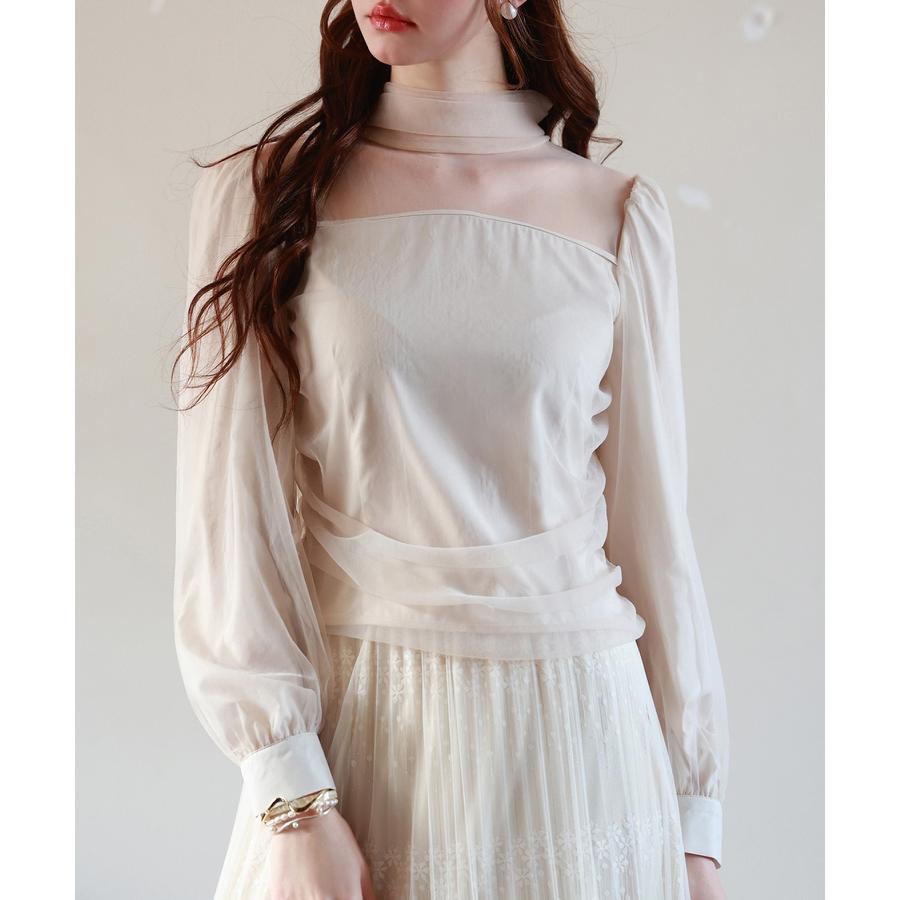 チュール トップス レディース プチハイネック 立ち襟 クロップド丈 ショート丈 ブラウス シースルー シアー 長袖 春 レトロ きれいめ 大人 セク |  | 09