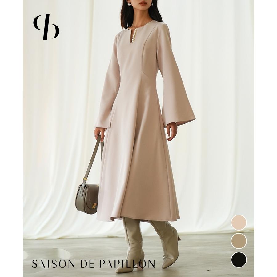 ワンピース レディース フレアワンピース 長袖 ミモレ丈 スリットスリーブ キーネック 細見え パール付き きれいめ エレガンス 大人 おしゃれ 高見 | 