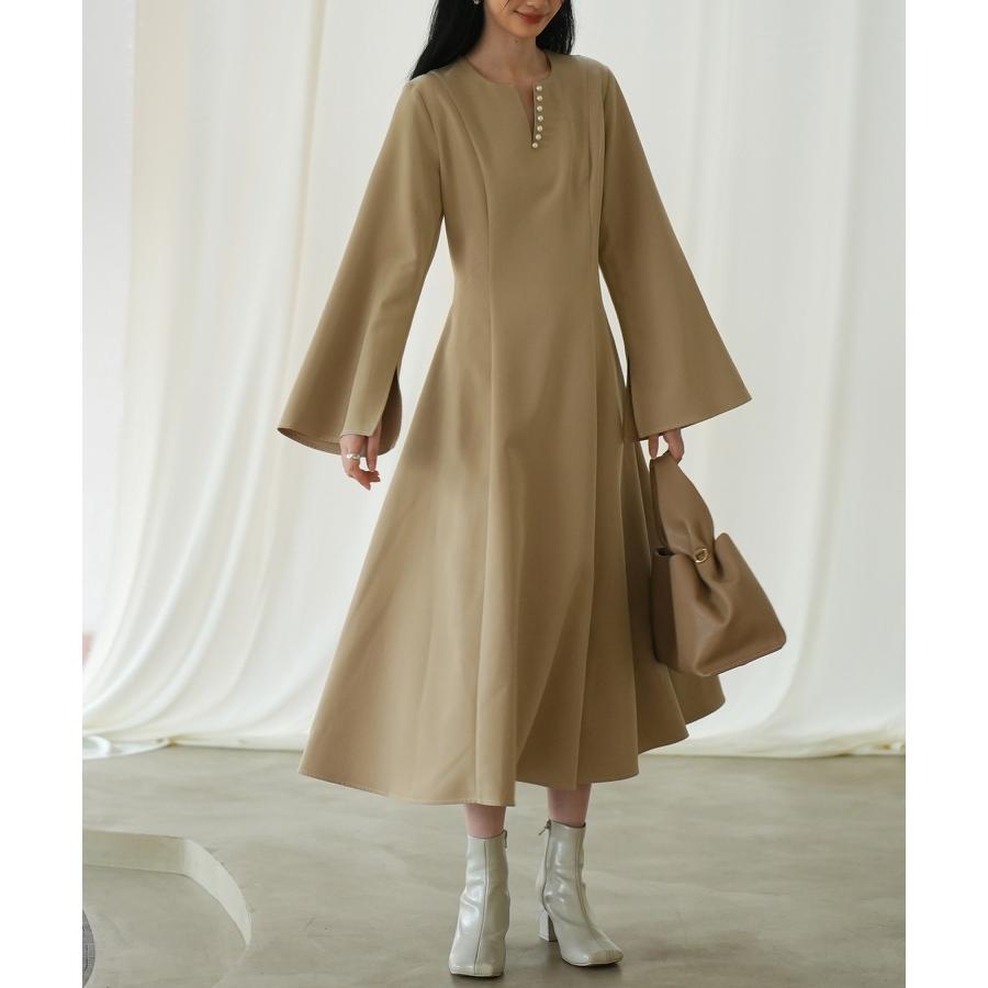 ワンピース レディース フレアワンピース 長袖 ミモレ丈 スリットスリーブ キーネック 細見え パール付き きれいめ エレガンス 大人 おしゃれ 高見 |  | 10