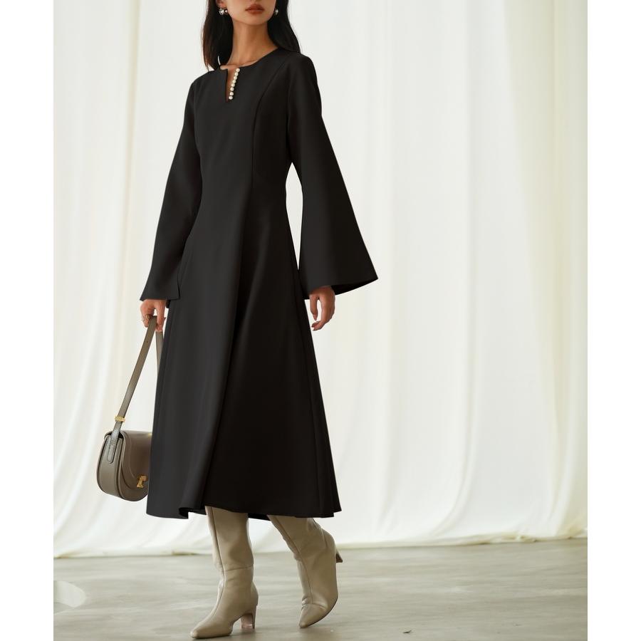 ワンピース レディース フレアワンピース 長袖 ミモレ丈 スリットスリーブ キーネック 細見え パール付き きれいめ エレガンス 大人 おしゃれ 高見 |  | 15