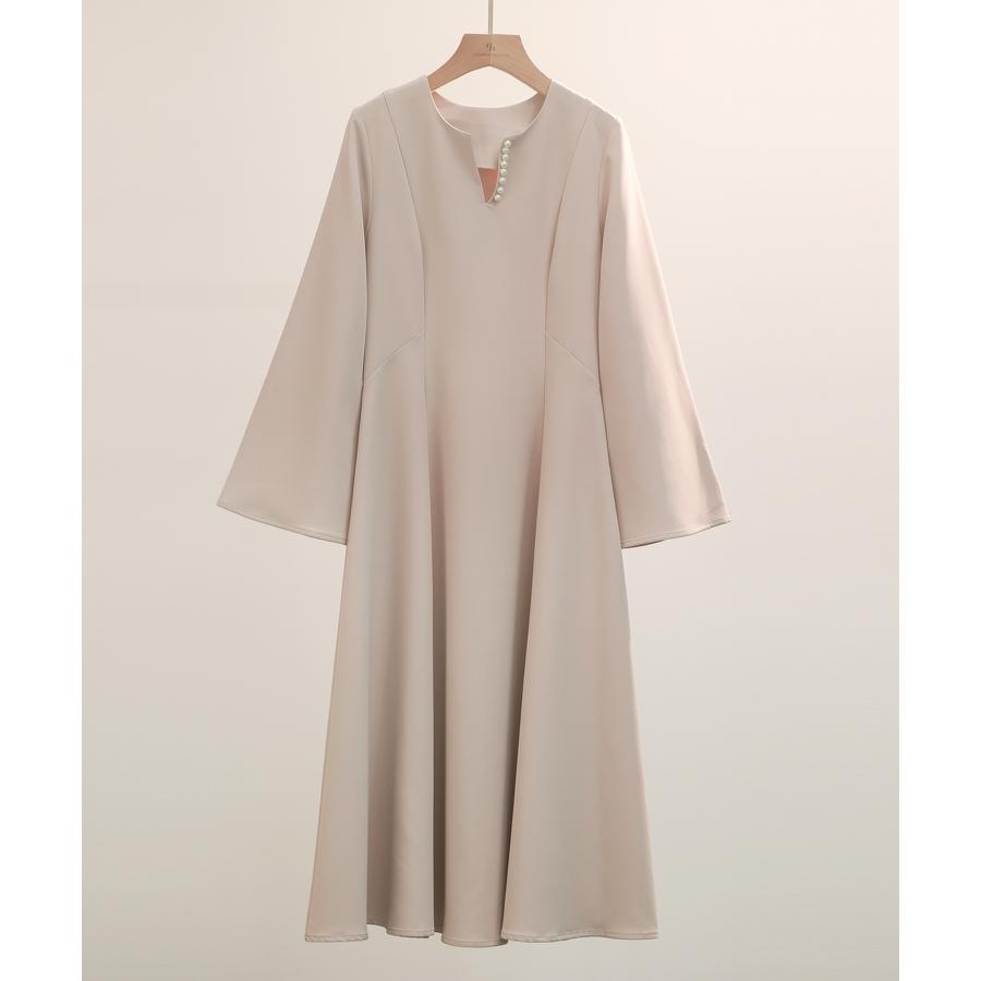 ワンピース レディース フレアワンピース 長袖 ミモレ丈 スリットスリーブ キーネック 細見え パール付き きれいめ エレガンス 大人 おしゃれ 高見 |  | 02