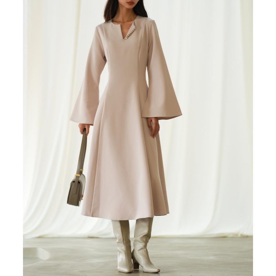 ワンピース レディース フレアワンピース 長袖 ミモレ丈 スリットスリーブ キーネック 細見え パール付き きれいめ エレガンス 大人 おしゃれ 高見 |  | 05