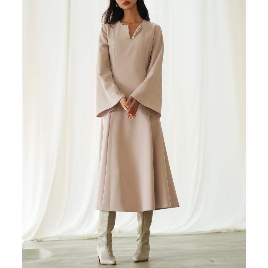 ワンピース レディース フレアワンピース 長袖 ミモレ丈 スリットスリーブ キーネック 細見え パール付き きれいめ エレガンス 大人 おしゃれ 高見 |  | 06