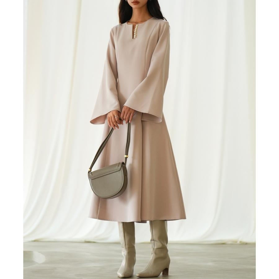 ワンピース レディース フレアワンピース 長袖 ミモレ丈 スリットスリーブ キーネック 細見え パール付き きれいめ エレガンス 大人 おしゃれ 高見 |  | 07