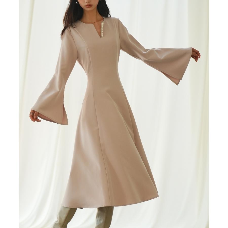 ワンピース レディース フレアワンピース 長袖 ミモレ丈 スリットスリーブ キーネック 細見え パール付き きれいめ エレガンス 大人 おしゃれ 高見 |  | 08