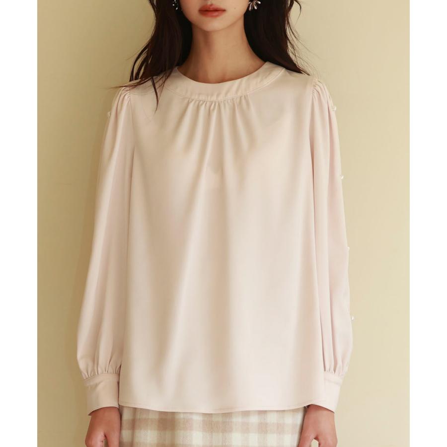 ブラウス レディース 長袖 クルーネック ゆったり ギャザー きれいめ リボン パールボタン ボタン開閉 とろみ素材 おしゃれ 可愛い オフィス |  | 13