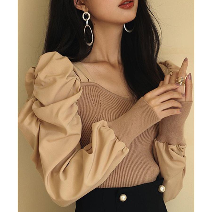 ニット レディース トップス 長袖 ドッキングニット プルオーバー