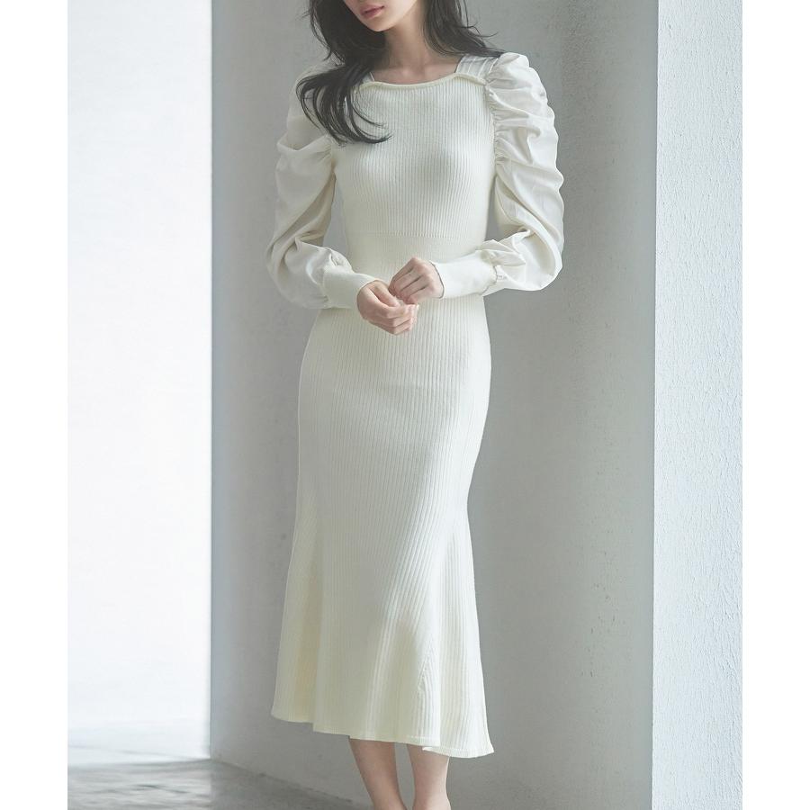 ワンピース レディース ニットワンピース マーメイドシルエット 長袖 リブ編み 編み地切り替え ミモレ丈 バルーンスリーブ 異素材ギャザースリーブ ス |  | 10