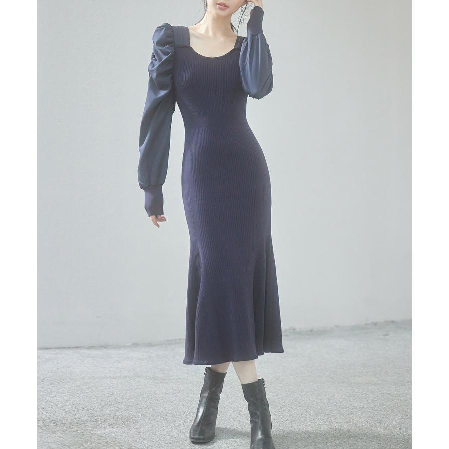ワンピース レディース ニットワンピース マーメイドシルエット 長袖 リブ編み 編み地切り替え ミモレ丈 バルーンスリーブ 異素材ギャザースリーブ ス |  | 11