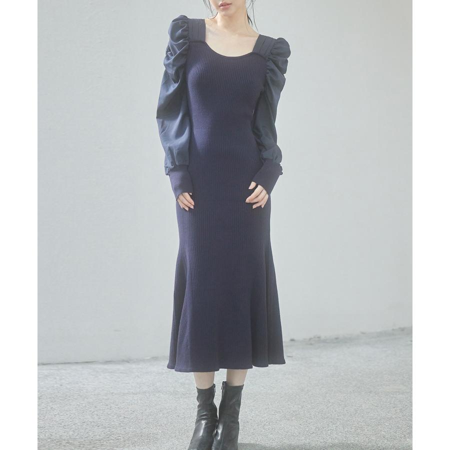 ワンピース レディース ニットワンピース マーメイドシルエット 長袖 リブ編み 編み地切り替え ミモレ丈 バルーンスリーブ 異素材ギャザースリーブ ス |  | 12