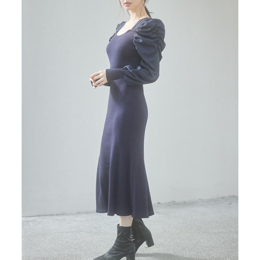 ワンピース レディース ニットワンピース マーメイドシルエット 長袖 リブ編み 編み地切り替え ミモレ丈 バルーンスリーブ 異素材ギャザースリーブ ス |  | 13