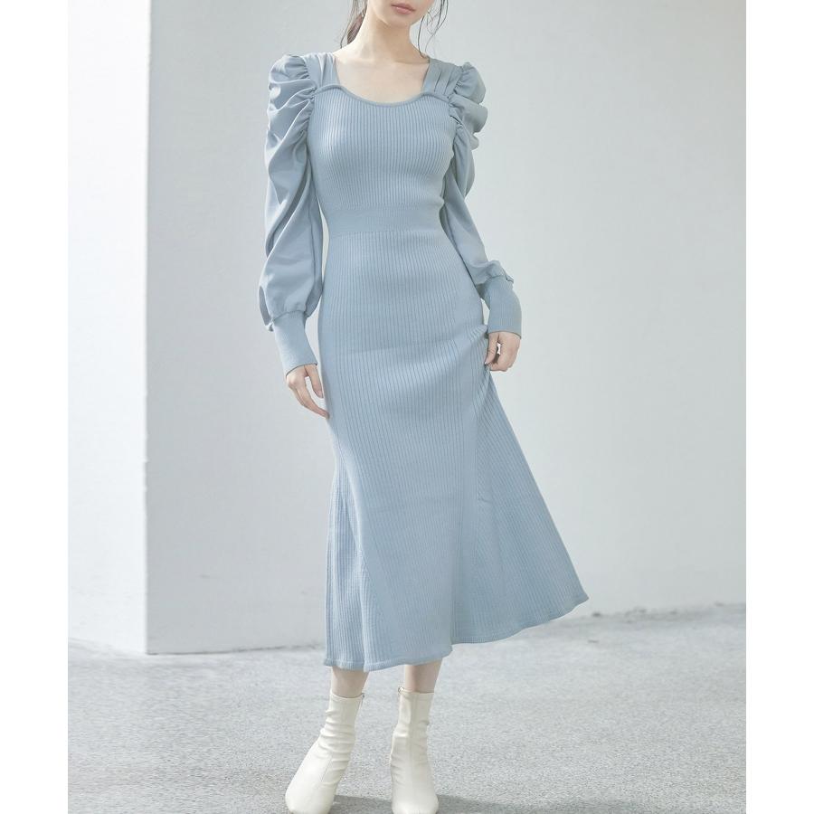 ワンピース レディース ニットワンピース マーメイドシルエット 長袖 リブ編み 編み地切り替え ミモレ丈 バルーンスリーブ 異素材ギャザースリーブ ス |  | 14