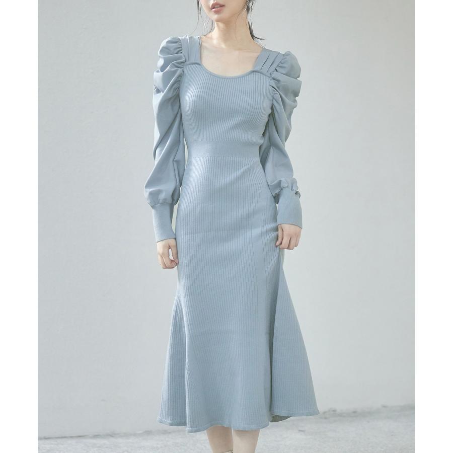 ワンピース レディース ニットワンピース マーメイドシルエット 長袖 リブ編み 編み地切り替え ミモレ丈 バルーンスリーブ 異素材ギャザースリーブ ス |  | 15