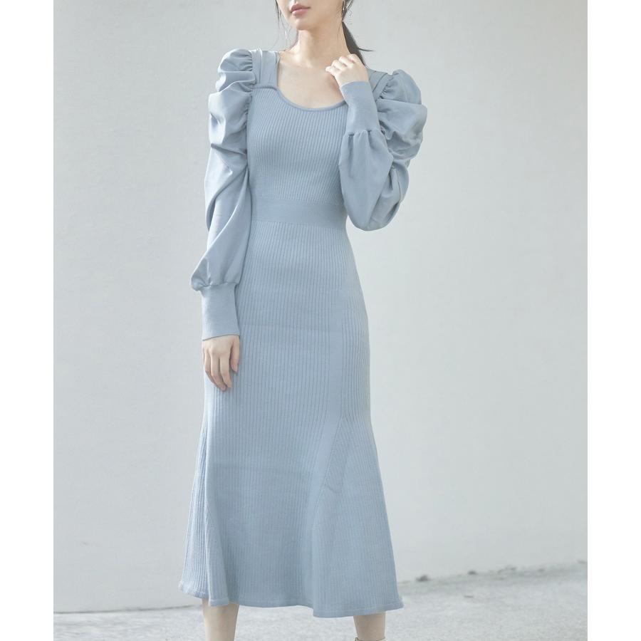 ワンピース レディース ニットワンピース マーメイドシルエット 長袖 リブ編み 編み地切り替え ミモレ丈 バルーンスリーブ 異素材ギャザースリーブ ス |  | 16