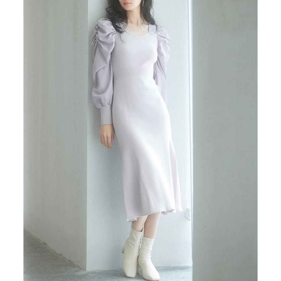 ワンピース レディース ニットワンピース マーメイドシルエット 長袖 リブ編み 編み地切り替え ミモレ丈 バルーンスリーブ 異素材ギャザースリーブ ス |  | 02