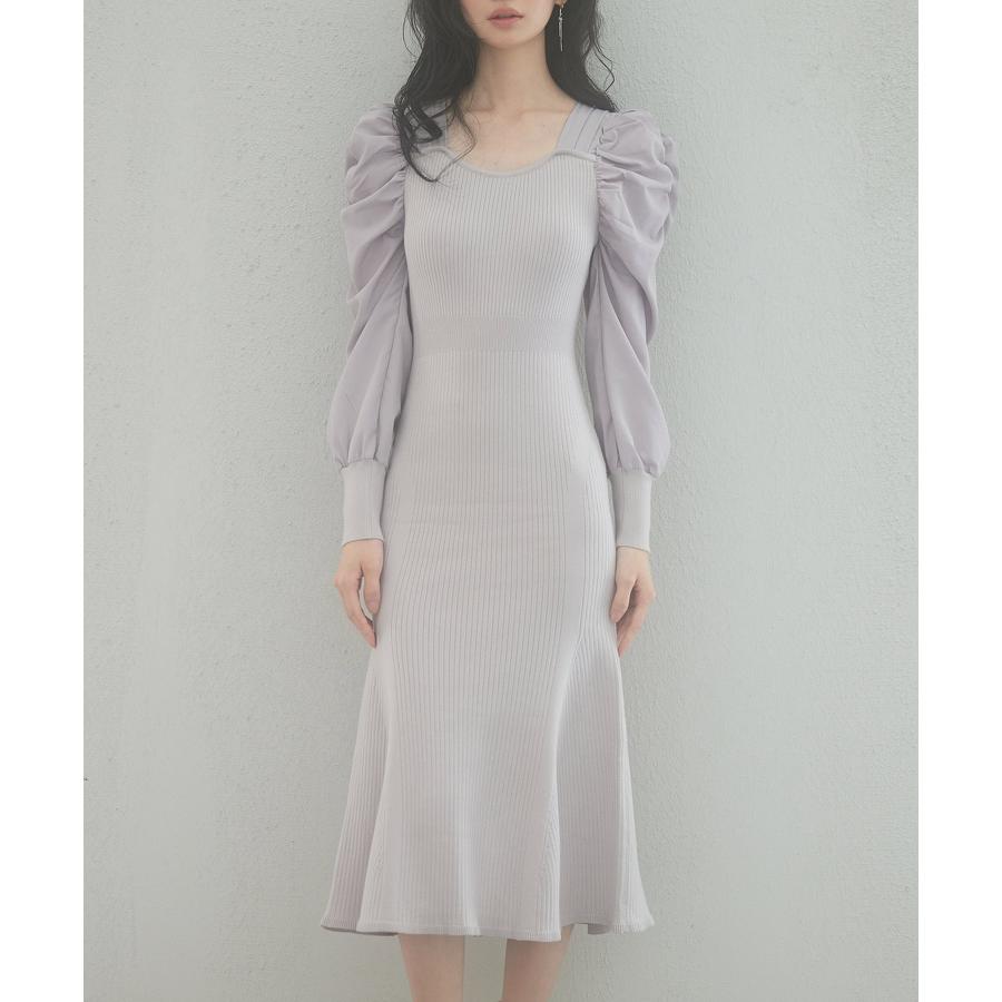 ワンピース レディース ニットワンピース マーメイドシルエット 長袖 リブ編み 編み地切り替え ミモレ丈 バルーンスリーブ 異素材ギャザースリーブ ス |  | 03