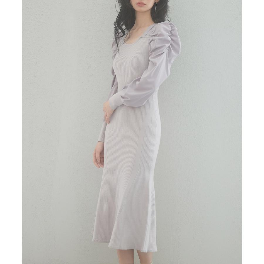 ワンピース レディース ニットワンピース マーメイドシルエット 長袖 リブ編み 編み地切り替え ミモレ丈 バルーンスリーブ 異素材ギャザースリーブ ス |  | 04
