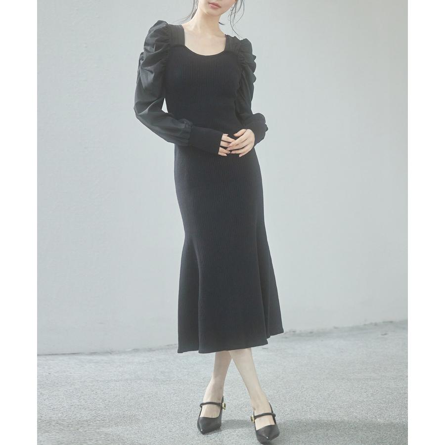 ワンピース レディース ニットワンピース マーメイドシルエット 長袖 リブ編み 編み地切り替え ミモレ丈 バルーンスリーブ 異素材ギャザースリーブ ス |  | 06
