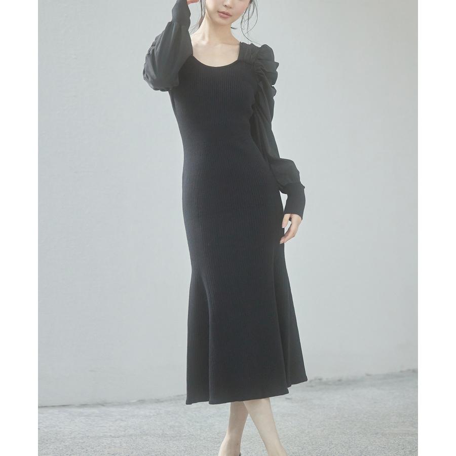 ワンピース レディース ニットワンピース マーメイドシルエット 長袖 リブ編み 編み地切り替え ミモレ丈 バルーンスリーブ 異素材ギャザースリーブ ス |  | 07