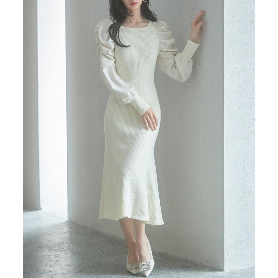 ワンピース レディース ニットワンピース マーメイドシルエット 長袖 リブ編み 編み地切り替え ミモレ丈 バルーンスリーブ 異素材ギャザースリーブ ス |  | 08