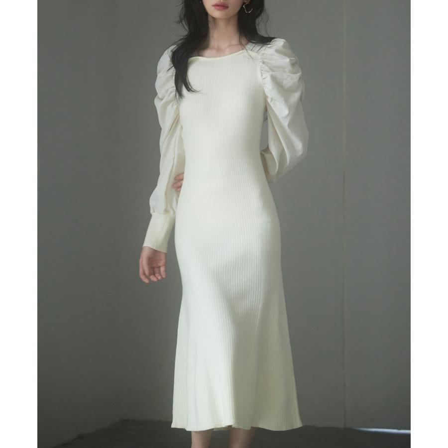 ワンピース レディース ニットワンピース マーメイドシルエット 長袖 リブ編み 編み地切り替え ミモレ丈 バルーンスリーブ 異素材ギャザースリーブ ス |  | 09