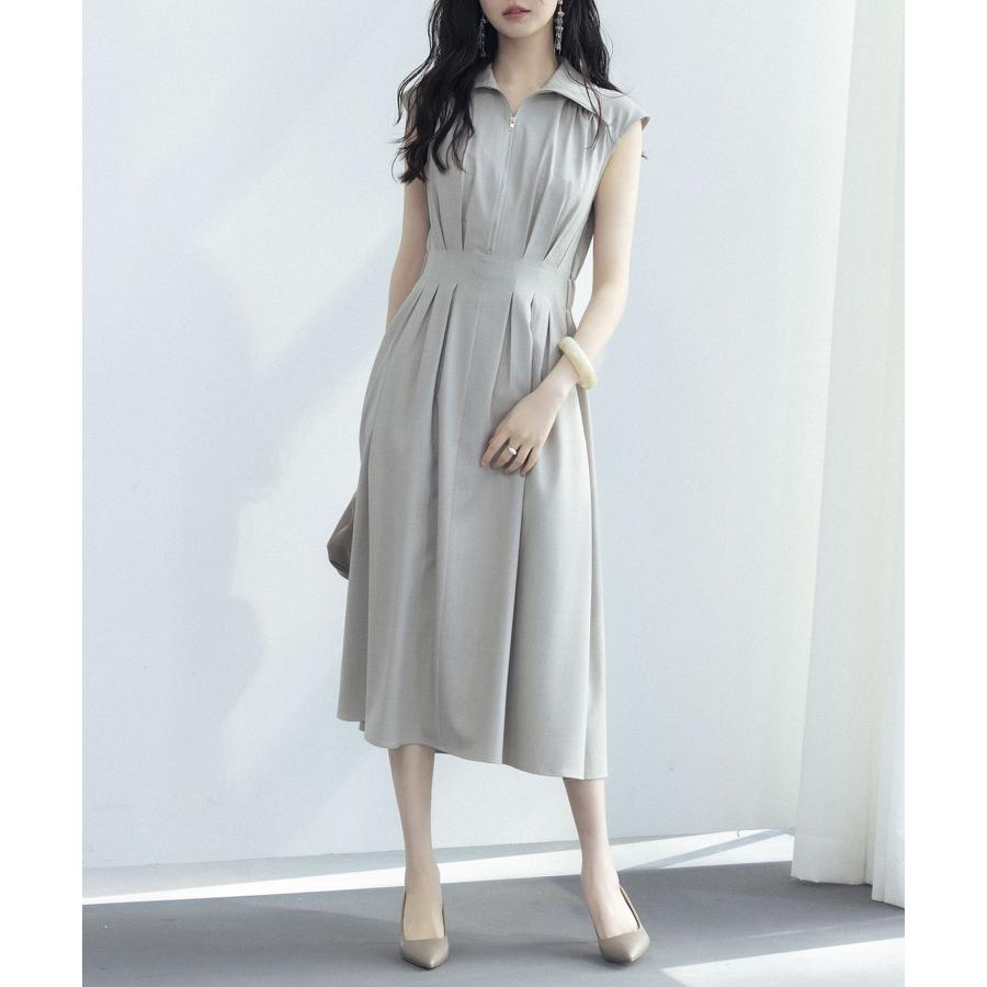 ワンピース レディース ミモレ丈 ジップ付き シャツ襟 ウエストマーク 体型カバー ハイウエスト フレアシルエット フレンチスリーブ ノースリーブ ウ |  | 12