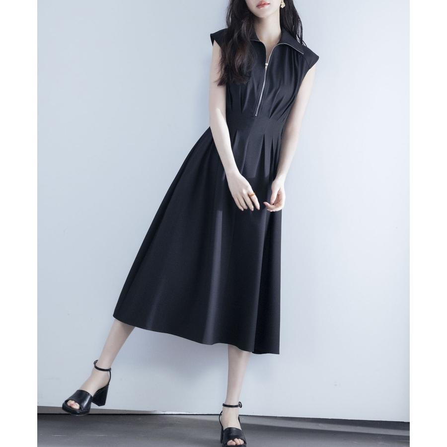 ワンピース レディース ミモレ丈 ジップ付き シャツ襟 ウエストマーク