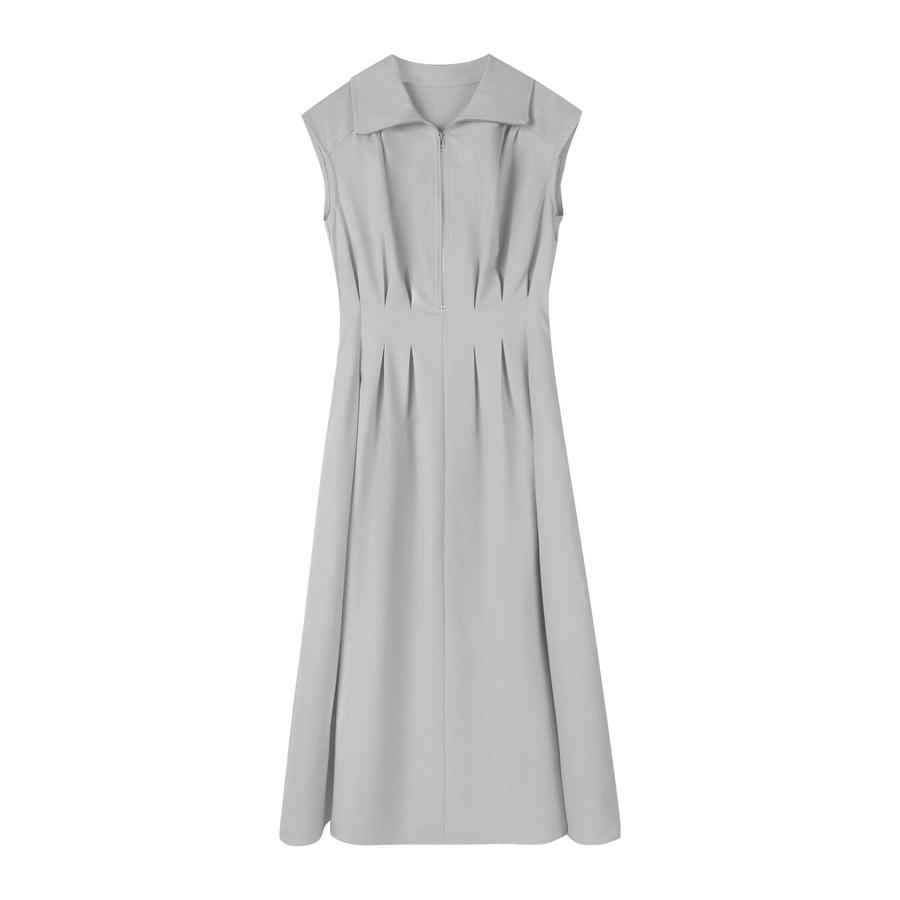 ワンピース レディース ミモレ丈 ジップ付き シャツ襟 ウエストマーク 体型カバー ハイウエスト フレアシルエット フレンチスリーブ ノースリーブ ウ |  | 02