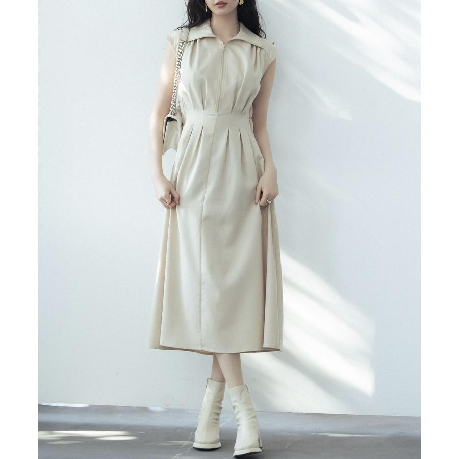 ワンピース レディース ミモレ丈 ジップ付き シャツ襟 ウエストマーク