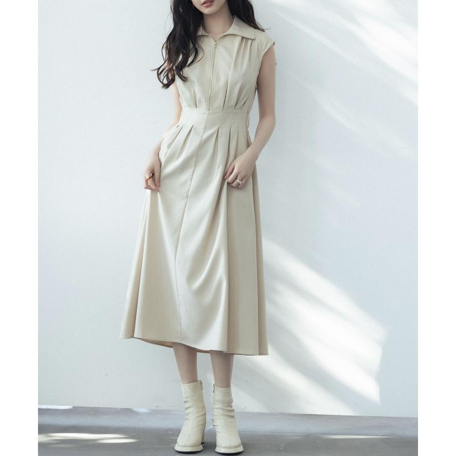 ワンピース レディース ミモレ丈 ジップ付き シャツ襟 ウエストマーク