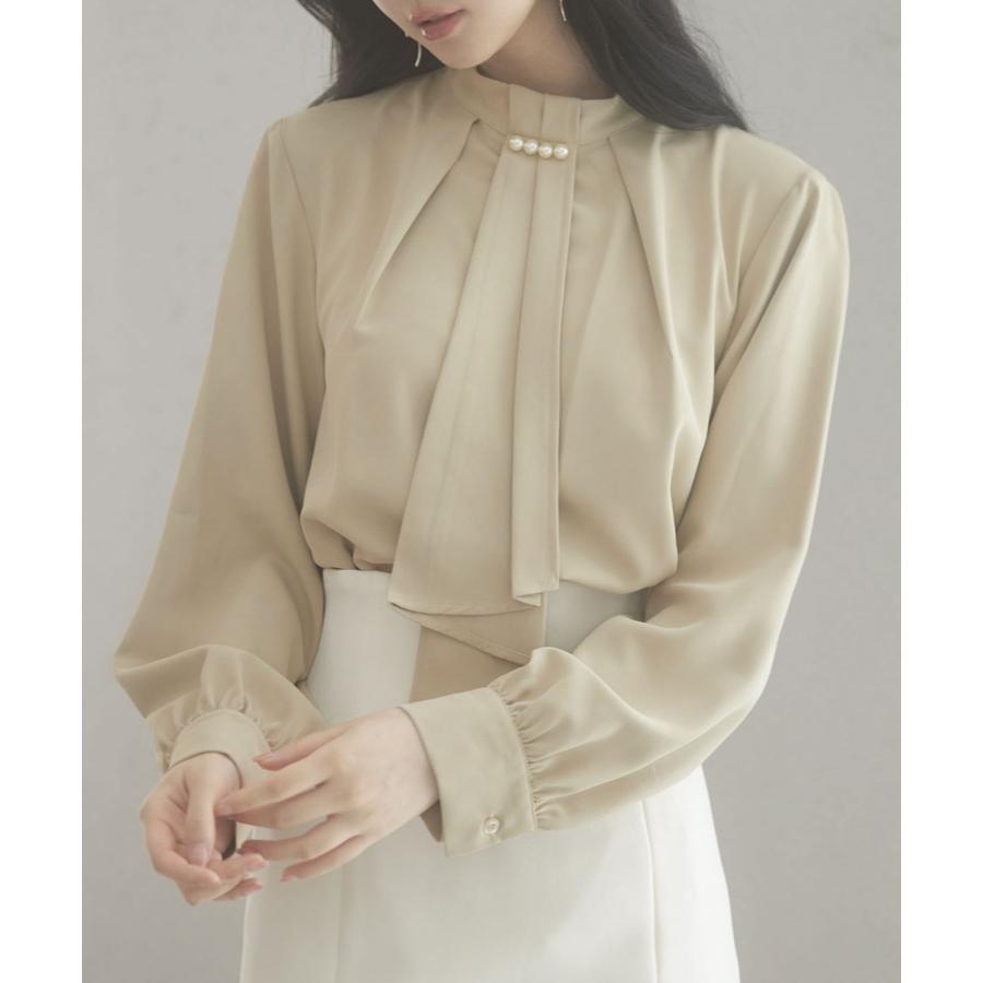 ブラウス レディース トップス スタンドカラー ボウタイ 長袖 パール