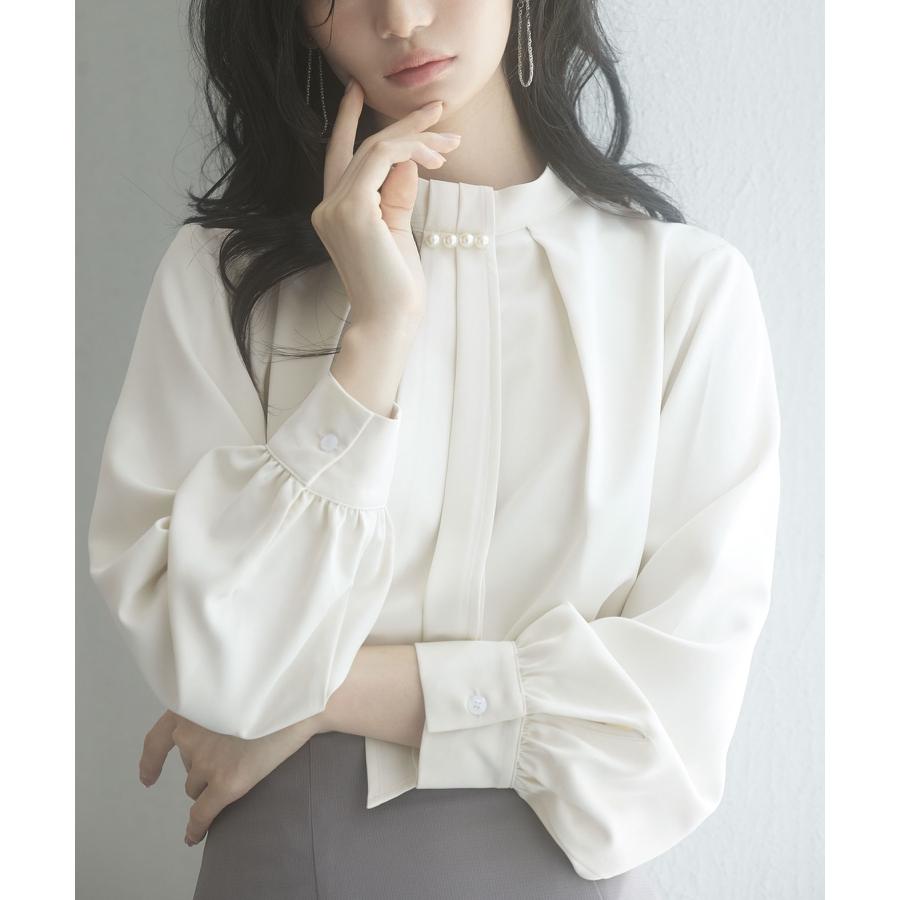 ブラウス レディース トップス スタンドカラー ボウタイ 長袖 パール