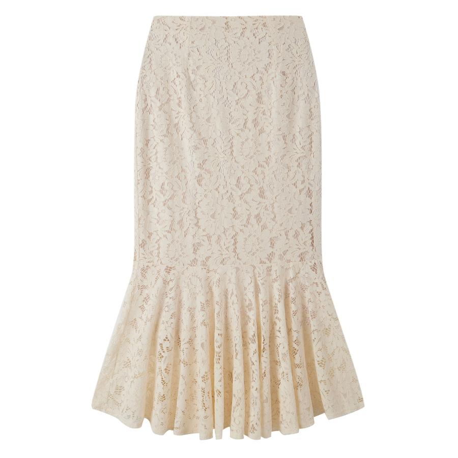 スカート レディース ボトムス ハイウエスト レース生地 マーメイドシルエット ミモレ丈 裏地付き  ファスナー付き 脚長効果 薄手 ウエストマーク |  | 02