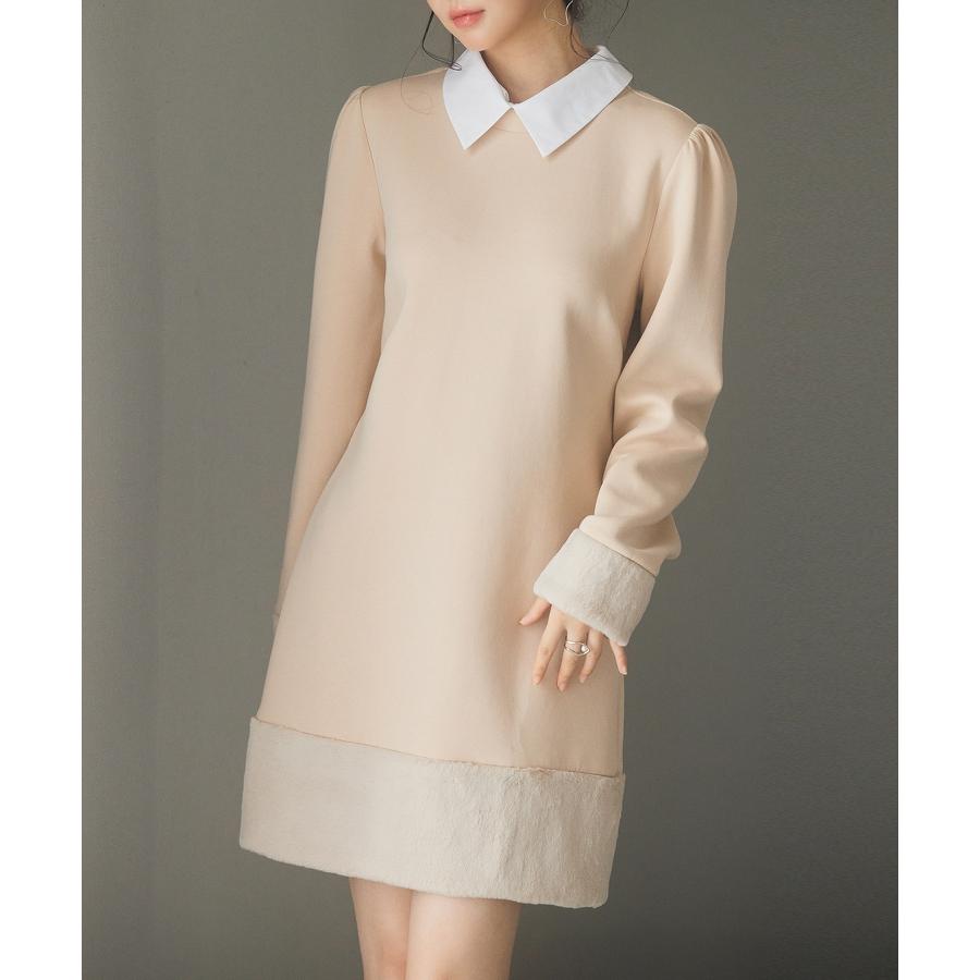 ワンピース タイトワンピース 長袖 カジュアル きれいめ Iライン ひざ上丈 膝上 2way 付け襟 クルーネック シャツ襟 ファー 裾ファー セット |  | 12