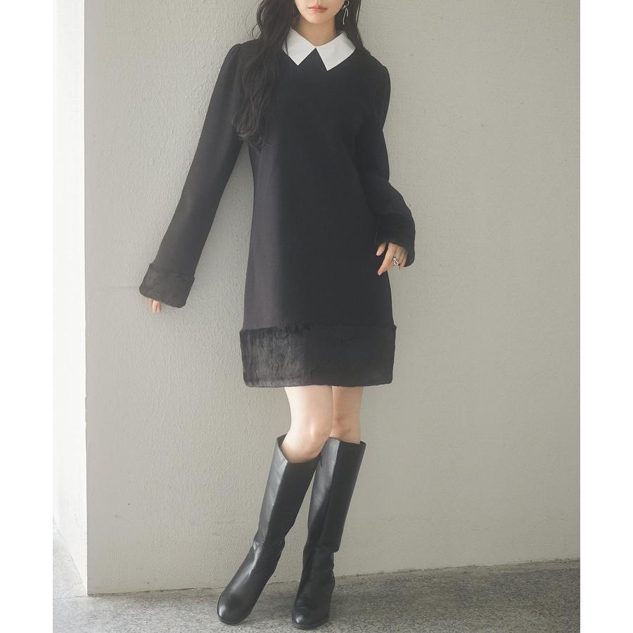 ワンピース タイトワンピース 長袖 カジュアル きれいめ Iライン ひざ上丈 膝上 2way 付け襟 クルーネック シャツ襟 ファー 裾ファー セット |  | 13