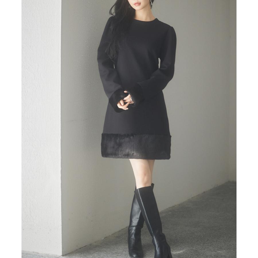 ワンピース タイトワンピース 長袖 カジュアル きれいめ Iライン ひざ上丈 膝上 2way 付け襟 クルーネック シャツ襟 ファー 裾ファー セット |  | 14