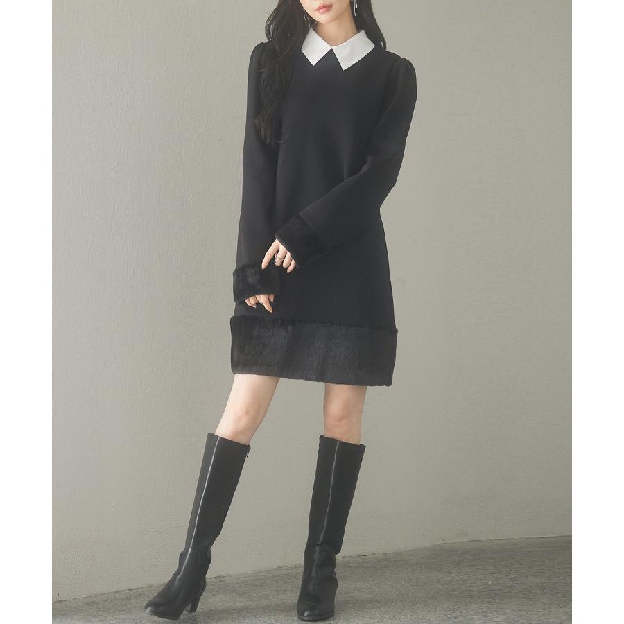 ワンピース タイトワンピース 長袖 カジュアル きれいめ Iライン ひざ上丈 膝上 2way 付け襟 クルーネック シャツ襟 ファー 裾ファー セット |  | 15