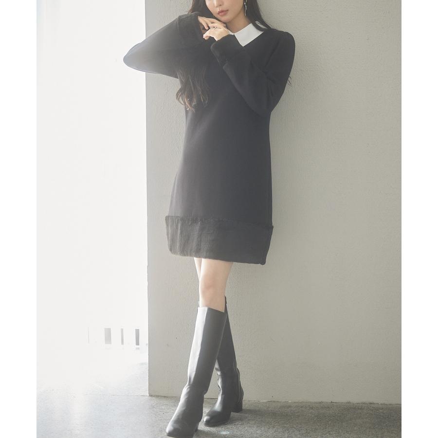 ワンピース タイトワンピース 長袖 カジュアル きれいめ Iライン ひざ上丈 膝上 2way 付け襟 クルーネック シャツ襟 ファー 裾ファー セット |  | 16