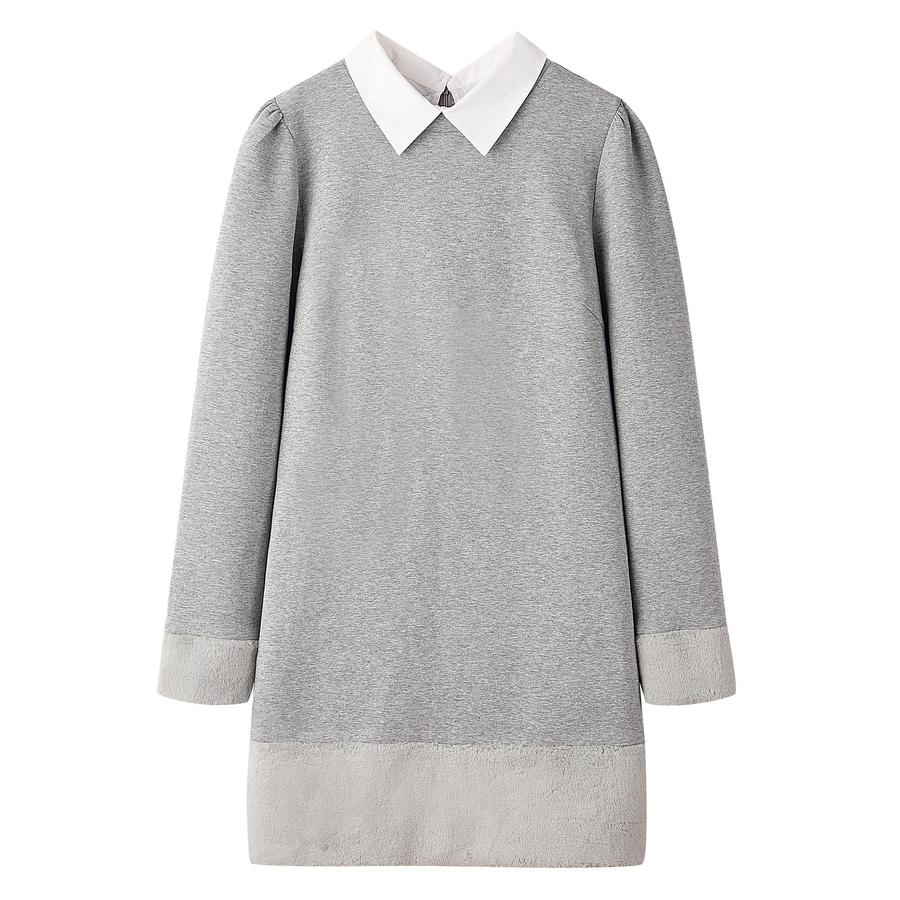 ワンピース タイトワンピース 長袖 カジュアル きれいめ Iライン ひざ上丈 膝上 2way 付け襟 クルーネック シャツ襟 ファー 裾ファー セット |  | 02