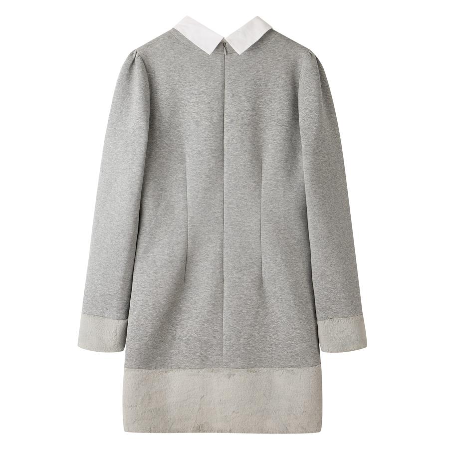 ワンピース タイトワンピース 長袖 カジュアル きれいめ Iライン ひざ上丈 膝上 2way 付け襟 クルーネック シャツ襟 ファー 裾ファー セット |  | 03