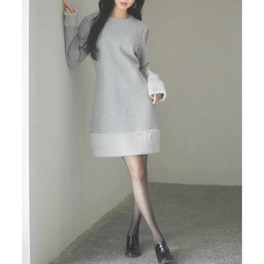 ワンピース タイトワンピース 長袖 カジュアル きれいめ Iライン ひざ上丈 膝上 2way 付け襟 クルーネック シャツ襟 ファー 裾ファー セット |  | 06