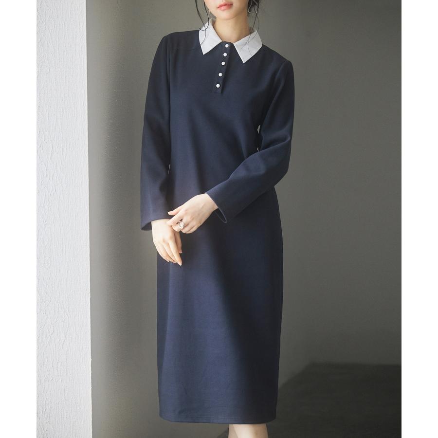 ワンピース レディース ミモレ丈 ひざ下丈 2wayネック 襟付き 長袖