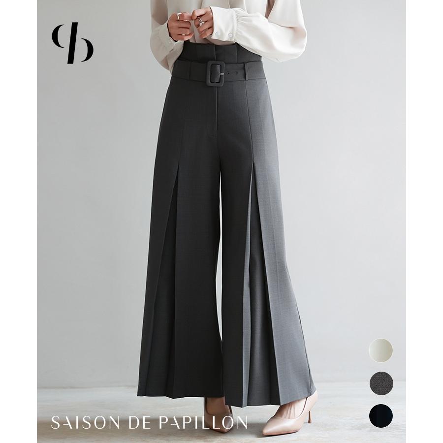 パンツ レディース ボトムス ワイドパンツ ロング丈 ワイドシルエット ロングパンツ ハイウエスト フロントタック ベルト付き ポケット付き きれいめ | 