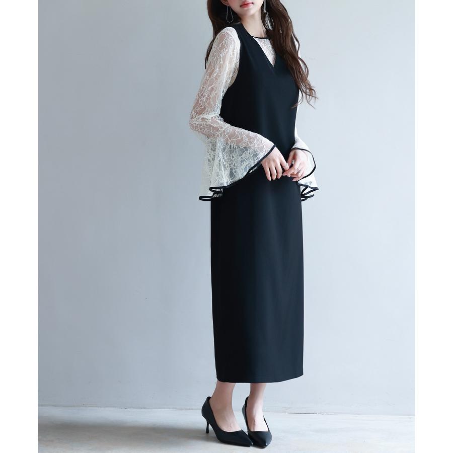 ワンピース ブラウス セットアップ 2点セット レディース レースブラウス ジャンパースカート ジャンスカ フレア袖 Vネックワンピース ミモレ丈 バ |  | 13