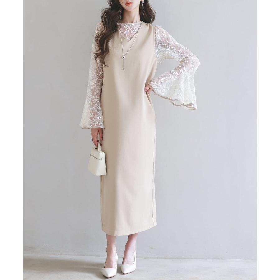 ワンピース ブラウス セットアップ 2点セット レディース レースブラウス ジャンパースカート ジャンスカ フレア袖 Vネックワンピース ミモレ丈 バ |  | 05