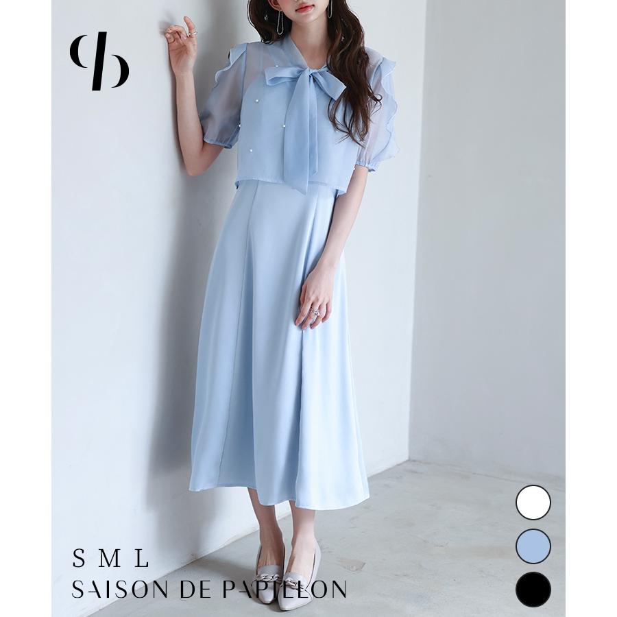 ワンピース レディース キャミワンピース ブラウス 2点セット 前後2way キャミワンピ サテン生地 オーガンジー素材 シアー ボウタイ リボン パ | 