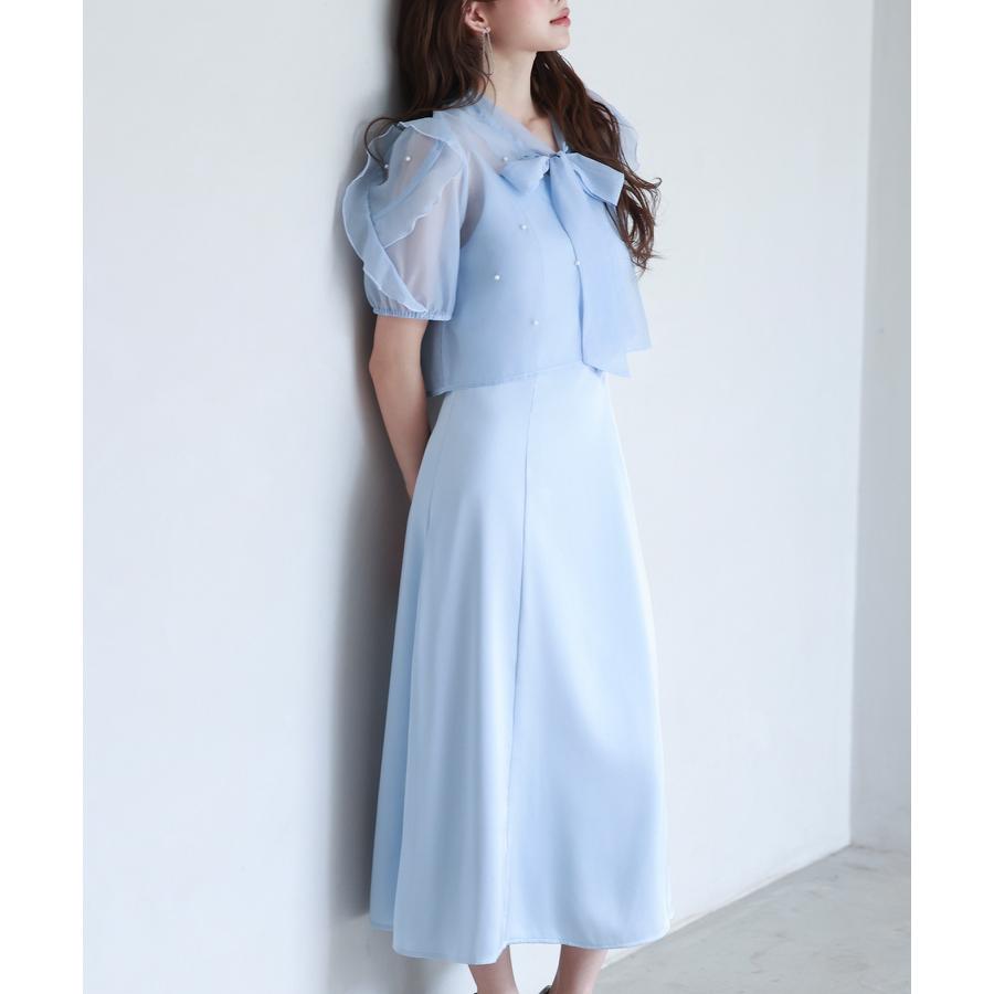 ワンピース レディース キャミワンピース ブラウス 2点セット 前後2way キャミワンピ サテン生地 オーガンジー素材 シアー ボウタイ リボン パ |  | 05