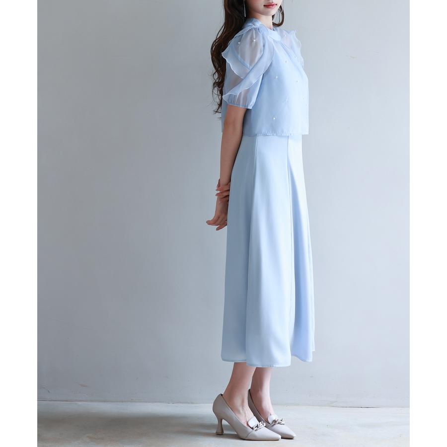 ワンピース レディース キャミワンピース ブラウス 2点セット 前後2way キャミワンピ サテン生地 オーガンジー素材 シアー ボウタイ リボン パ |  | 06